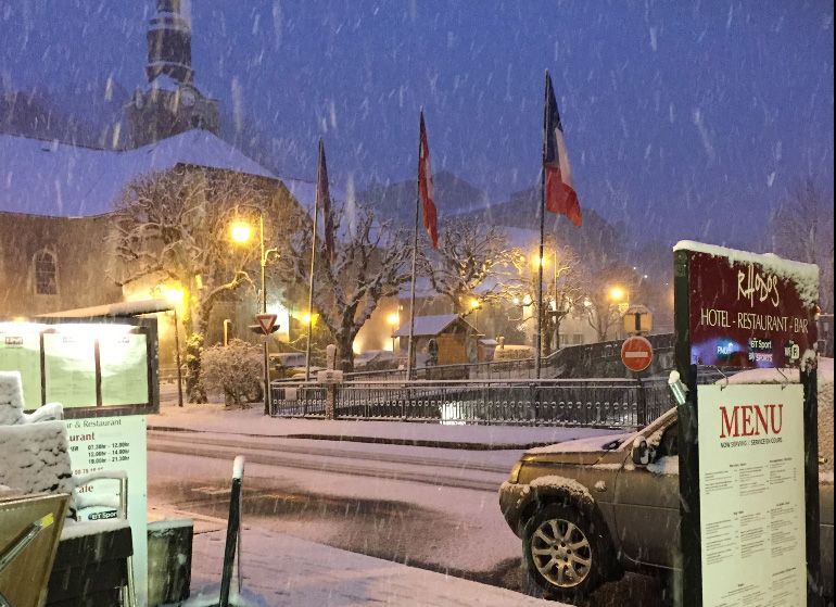 The Rhodos entrance on a snowy evening